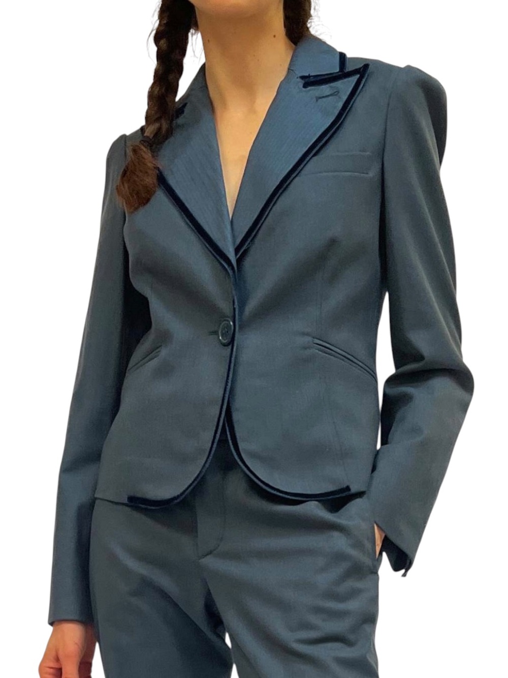 Marc Jacobs Blue Velvet Trim Contrast Lapel Single-Button Blazer Jacket Size 6